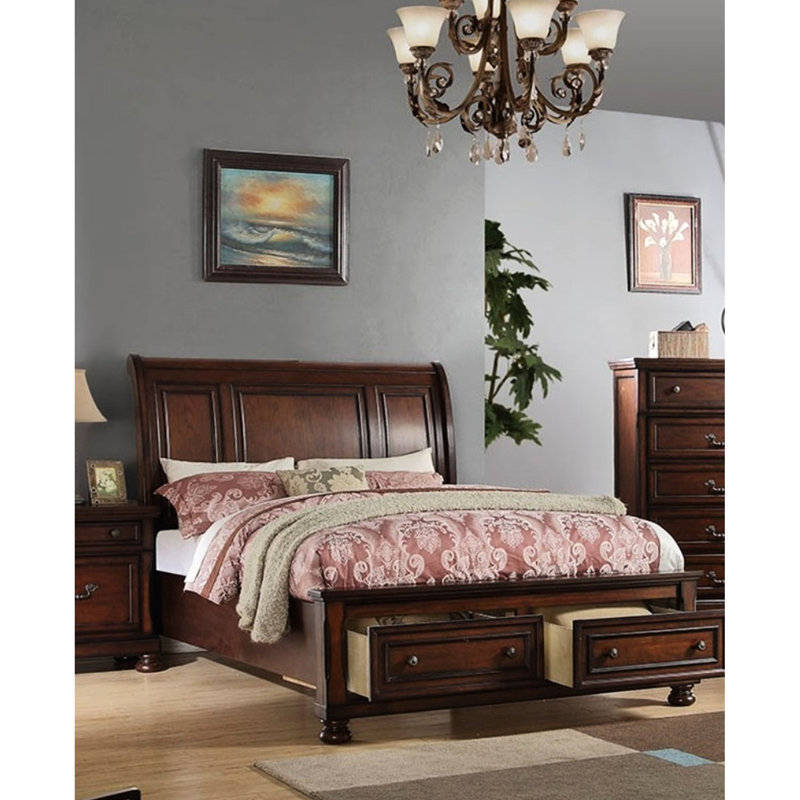 Grand lit de style traditionnel avec tête de lit en placage de cerisier et tiroirs pour la chambre à coucher, fabriqué à partir d'une tête de lit de pin en panneau de particules, finition en pin et contreplaqué