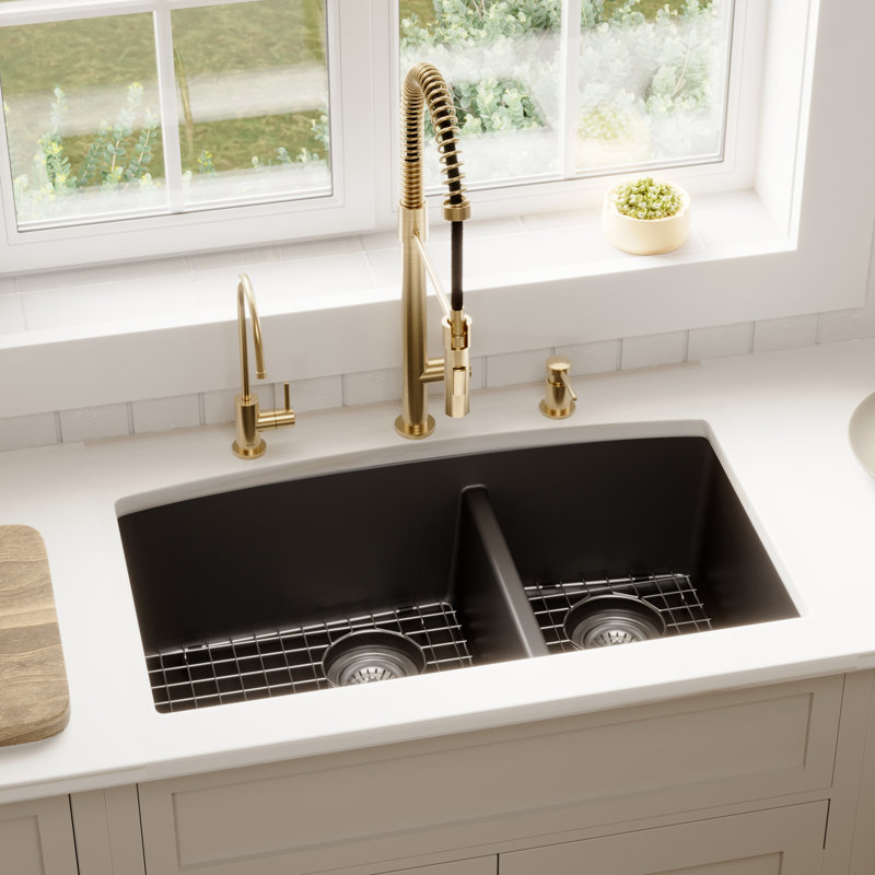 Karran Quartz 32'' X 19-1/2'' Double Bowl 60/40 Undermount Kitchen Sink Kit, Black