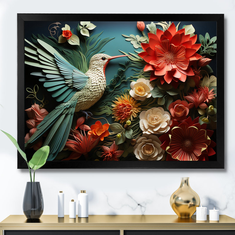 Coral Red Hummingbird Harmony - Animals Canvas Prints, H 16 po x l 32 po x P 1 po, Cadre photo noir