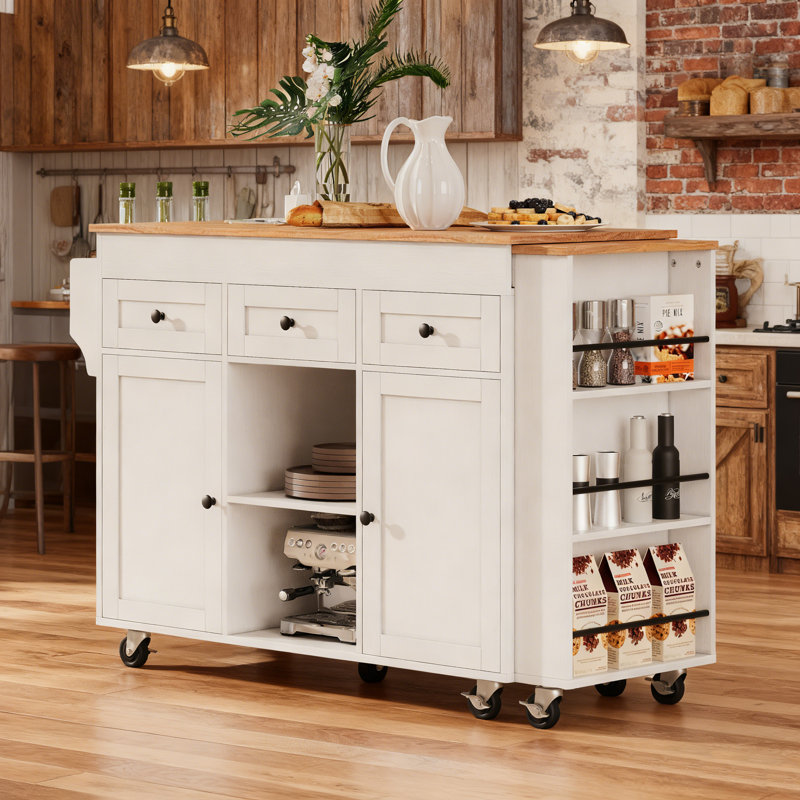 Willow Modern Kitchen Island With Extendable Table, Ample Storage, And Built-In Charging Station, White