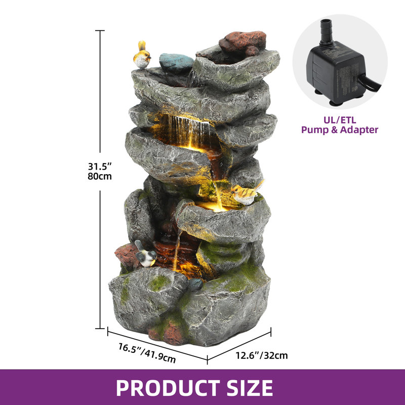 31.5"H 4-Tier Cascading Rock Water Fountain Outdoor Garden Waterfall with Lights