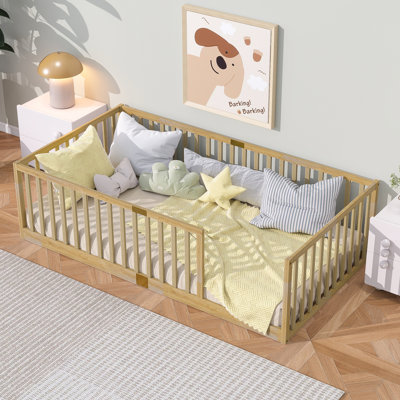 Floor Bed With High Fence Railings, 6 Slats Included, Rubber Wood Construction, And Safety Guardrails