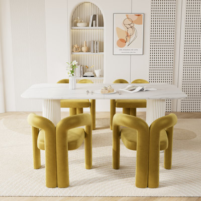 Ensemble de table de salle à manger à double piédestal en marbre blanc