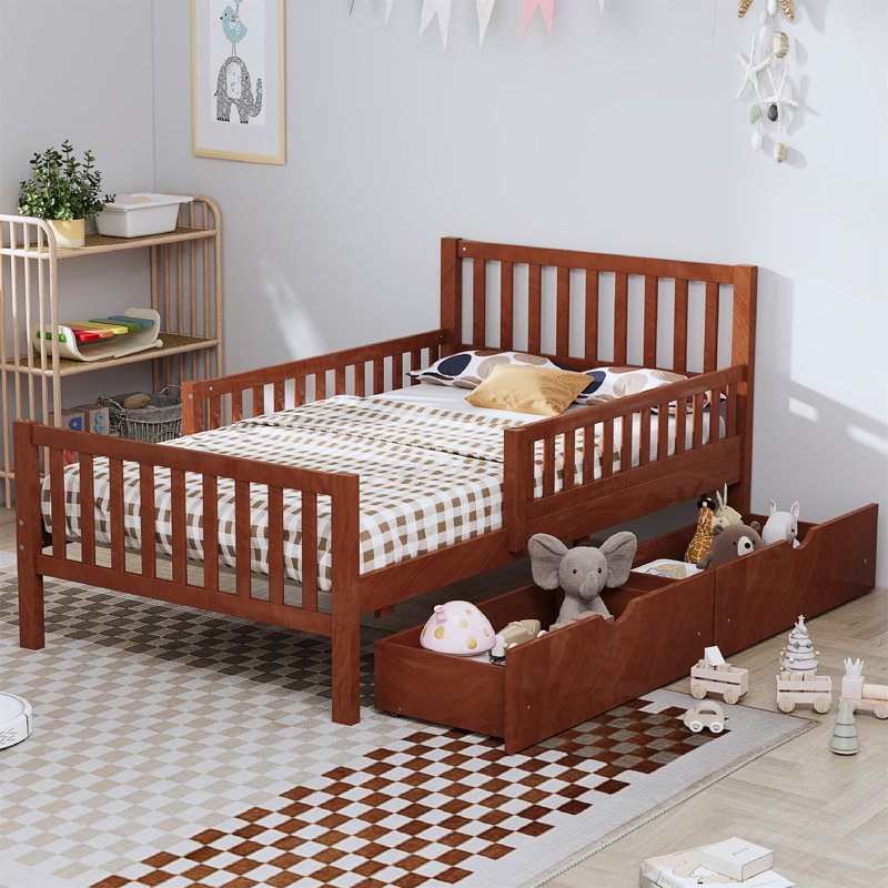 Lit plateforme simple en bois noyer avec garde-corps et 2 tiroirs de rangement, structure en bois massif, Lit simple, Noyer