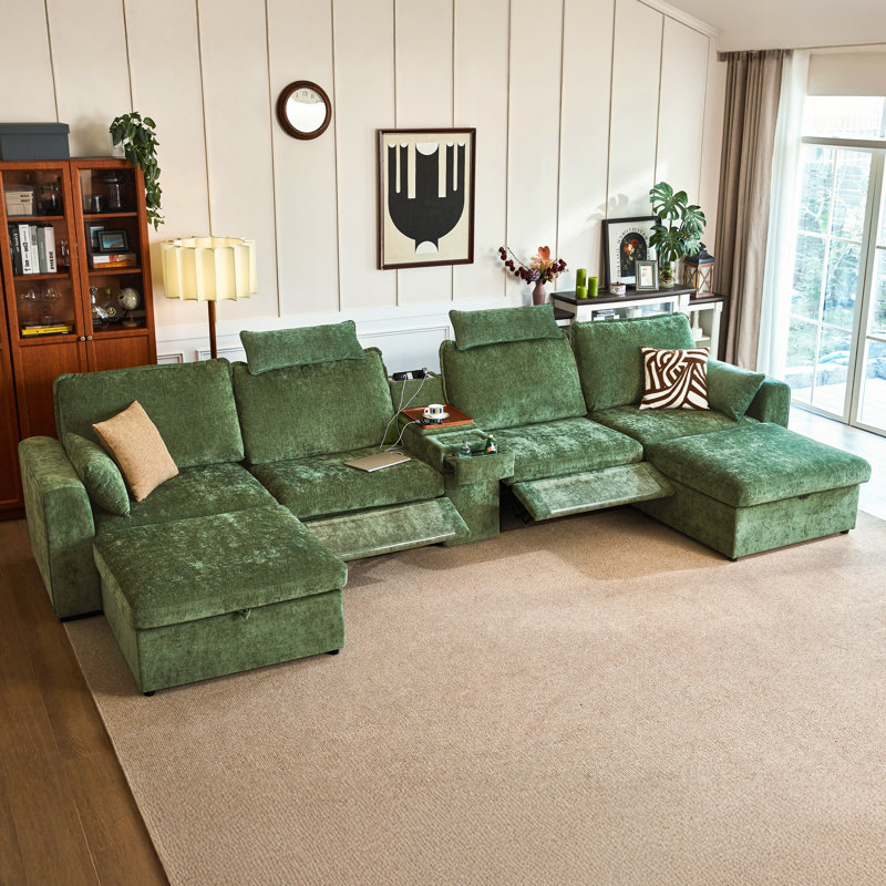Canapé inclinable électrique modulaire surdimensionné en chenille 6 places avec repose-tête, Chenille verte