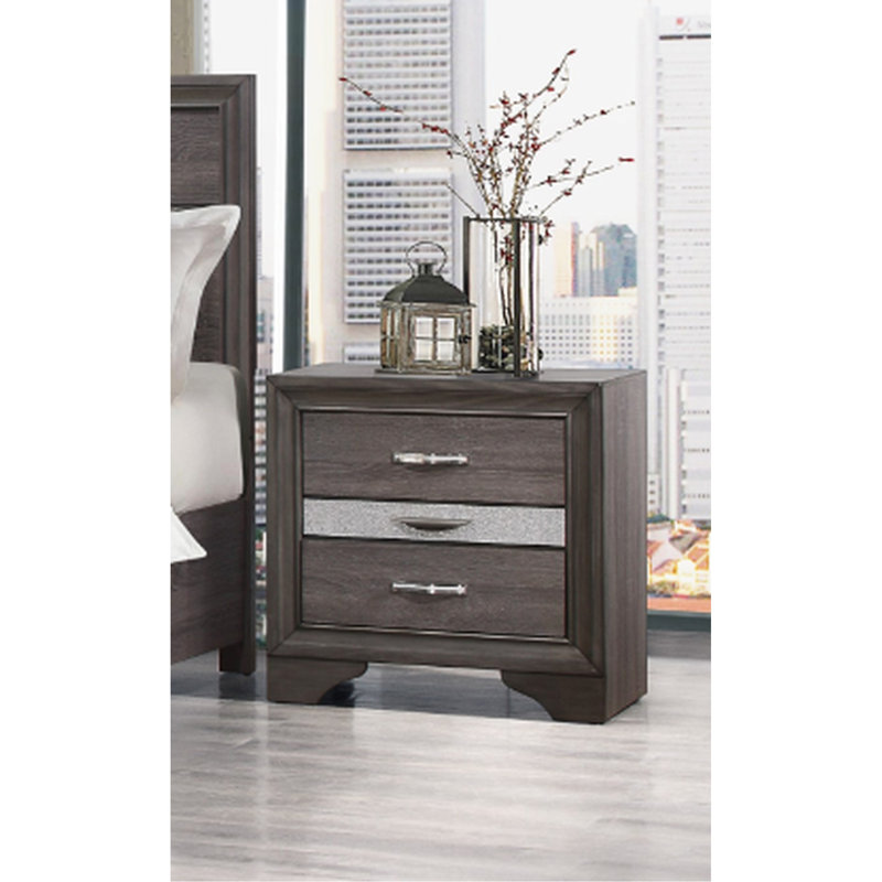 Table de chevet 3 au design moderne de couleur grise scintillante avec 3 grands tiroirs pour la chambre à coucher
