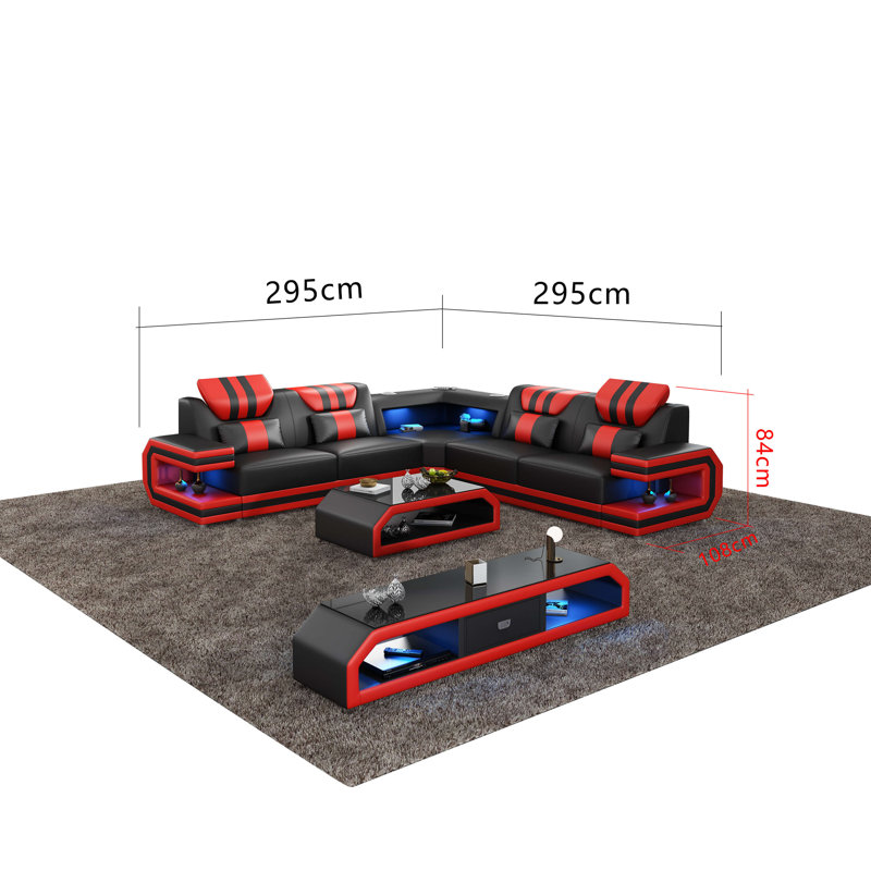 Lightsaber Sectional, Black/Red Genuine Leather