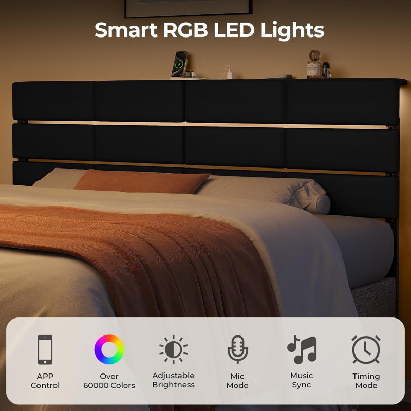 Upholstered Headboard With RGB LED Light Charging Station Height Adjustable, Full/Queen\, Black Velvet