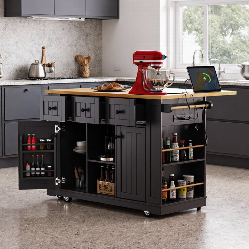 Large Black Kitchen Island with Power Outlet & 2 Bar Stools, Storage Cabinet, Drop Leaf, Drawers, Black