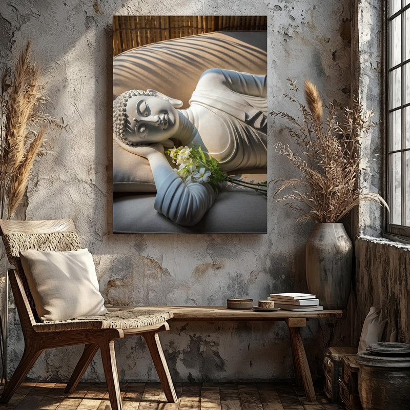 Toile une scène sereine avec une statue de Bouddha en marbre blanc, art mural inclinable sur un coussin neutre aux tons neutres