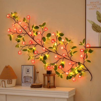 LED Tree Branch Light Peach Blossom Vine Light Charming Wall Decoration USB+Remote Control 1.2M Length 48 Lights