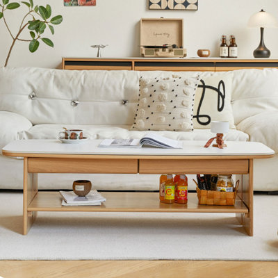 White + Burlywood Sintered Stone + Solid Wood Rectangular Coffee Table