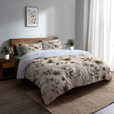 Country Farmhouse Bedding Set 3 Pcs - Black Antique Linen Florals Duvet Cover Set