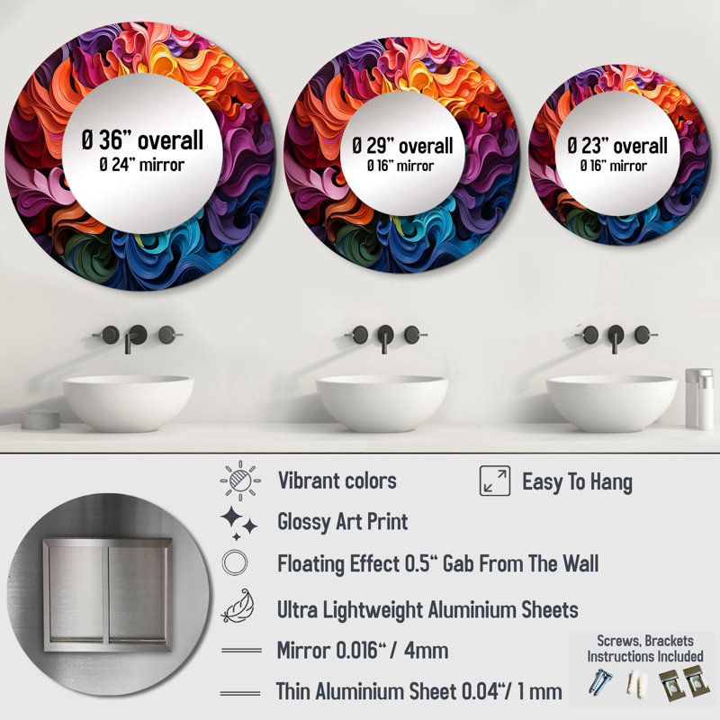 Opt Art Vibrant Illusions II - miroir mural décoratif Op Art, miroir rond moderne, impression sur métal, 36 po x 36 po