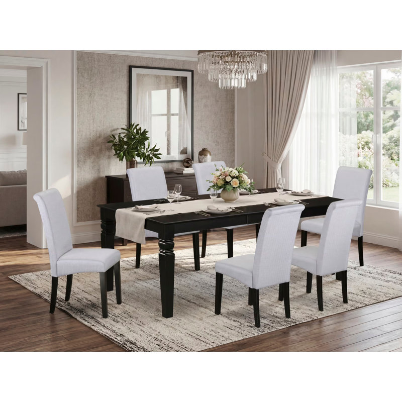 7 Piece Dining Room Table Set Consist of a Rectangle Kitchen Table with Butterfly Leaf and 6 Grey Linen Fabric Parson Dining Chairs, Black