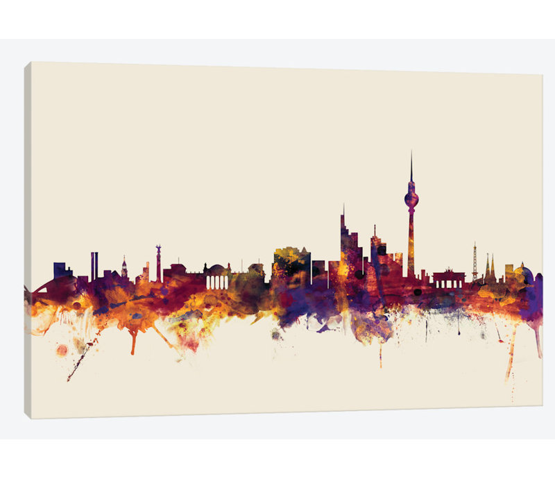 Skyline Series: Berlin, Allemagne sur beige, reproduction d'art sur toile tendue, H 18 po x l 26 po x P 1,5 po, Pas de tapis