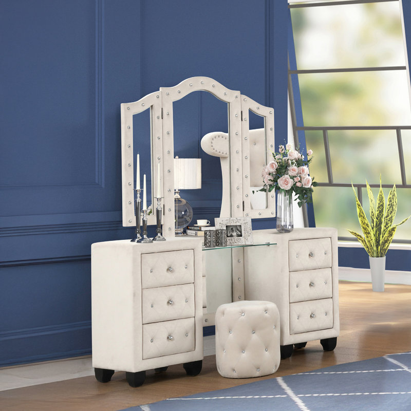 Rausch Vanity Set with Stool and Mirror, Cream