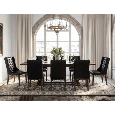 9 Piece Dining Room Table Set Includes a Rectangle Wooden Table with Removable Leaf and 8 Black Faux Leather Upholstered Chairs, Distressed Jacobean