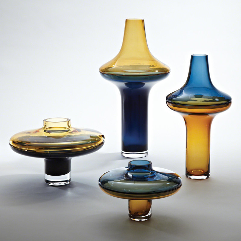 Low Amber Over Cobalt Vase, 16" H x 9" W x 9" D