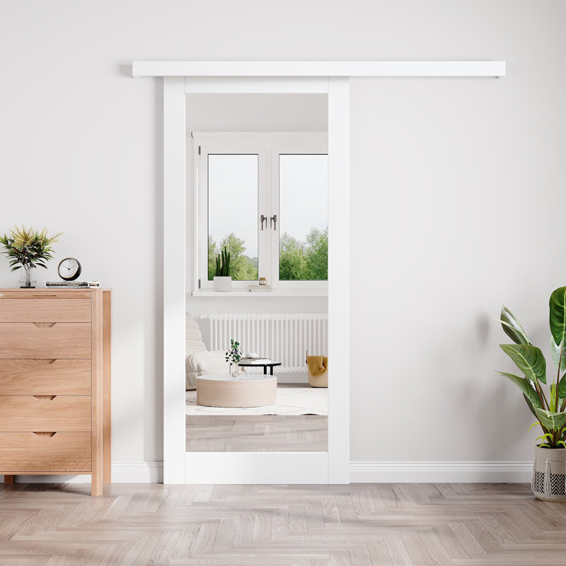 Porte coulissante de style grange avec rail dissimulé, apprêté blanche, miroir à 1 vitre, pour placard ou garde-manger, avec trousse de quincaillerie (aucun assemblage requis)