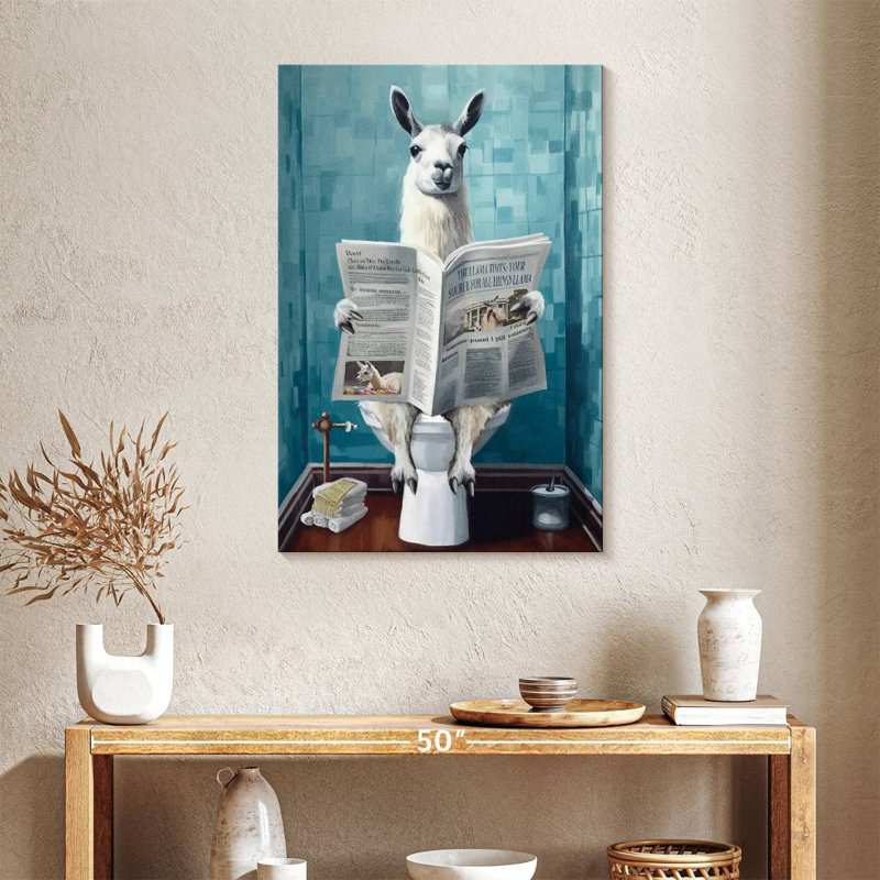 Lama sur une toilette sur toile, H 36 po x l 24 po x P 1,25 po