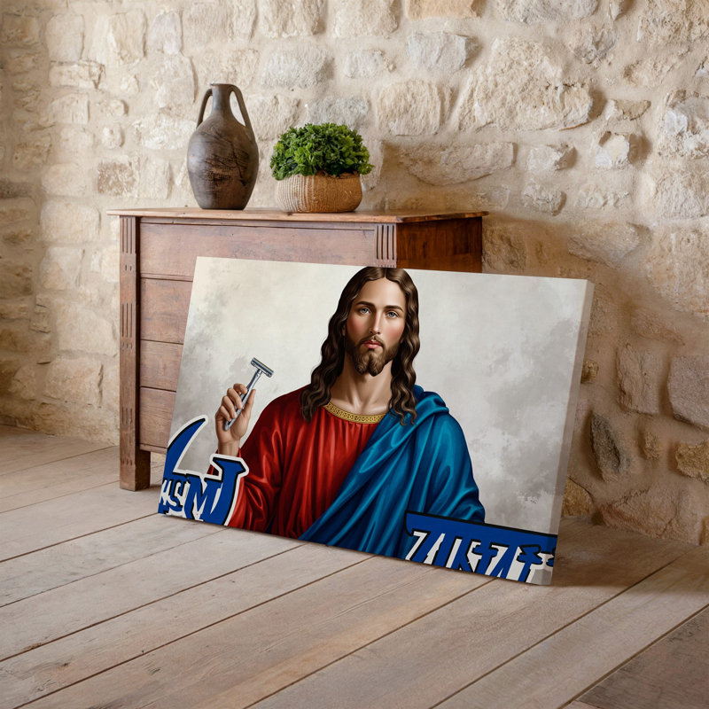 Toile, création d'une œuvre d'art satirique représentant une figure rappelant une art mural classique, H 30 po x l 30 po