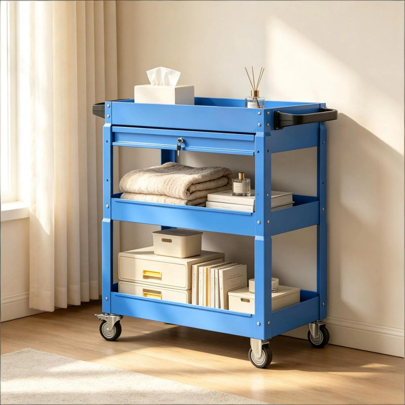 Chariot utilitaire roulant à 3 niveaux avec tiroir verrouillable, organisateur de rangement pour atelier mobile avec roulettes et poignée