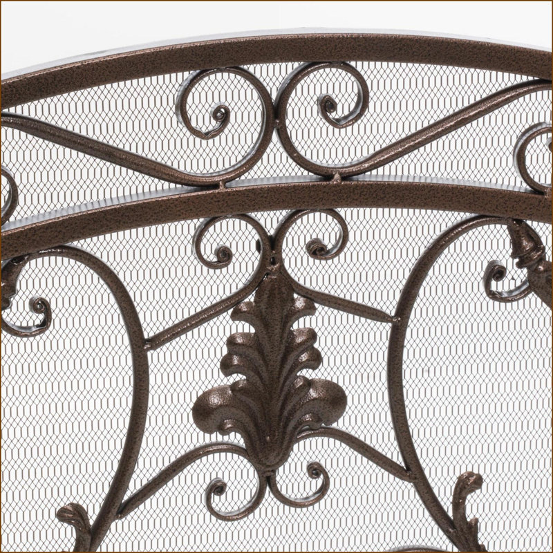 Fireplace Screen, Traditional 3-Panel Foldable with Gold Floral Accents on Black | Iron Frame | Black+Gold, Brown