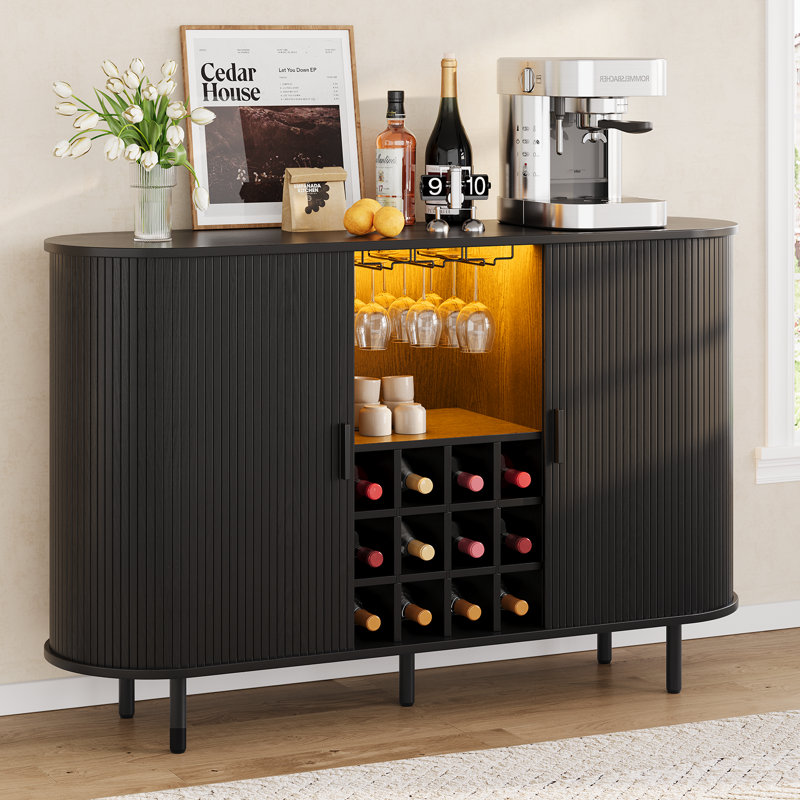 Armoire de bar 54,6 po avec tablettes réglables et lumières RVB, armoire à vin avec porte-verre et support à vin, Noir