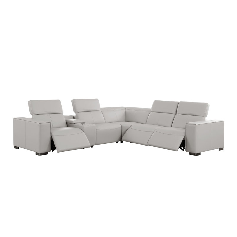 Luxurious Genuine Leather 6-Piece Sectional With 3 Power Reclining Seats & Power Headrest, Light Gray