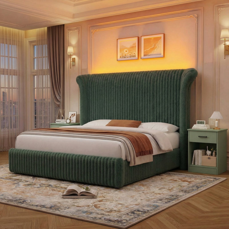Corduroy Upholstered Bedroom Set with LED Lights, Platform Bed with 2 Nightstands, Modern Tufted Headboard with Storage Nightstands