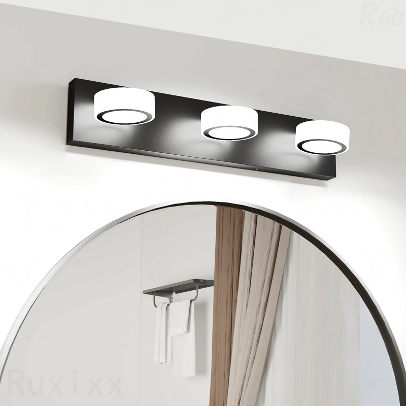 Luminaire de meuble-lavabo 21 po - 3 lumières DEL en métal noir, abat-jour rond en acrylique blanc, fixation murale, Noir