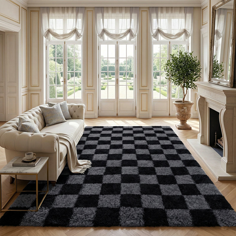 Plush Checkered Shag Area Rug - Soft Fluffy Black Grey Grid Fleece Carpet for Living Room, Bedroom, Dry-Clean Only, High-Pile Shaggy Rug with Modern Checkerboard Pattern, Cozy Non-Slip Floor Decor for Contemporary Home Spaces