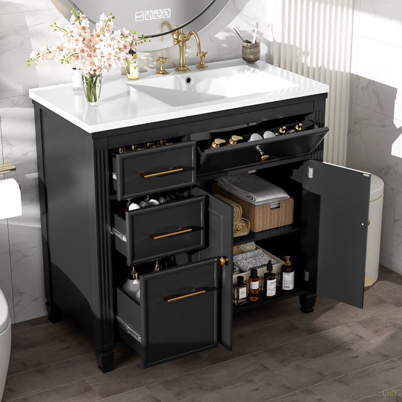 Meuble-lavabo 36 po avec lavabo, lavabo en céramique, tiroir coulissant, 3 tiroirs latéraux, tablette réglable, Noir