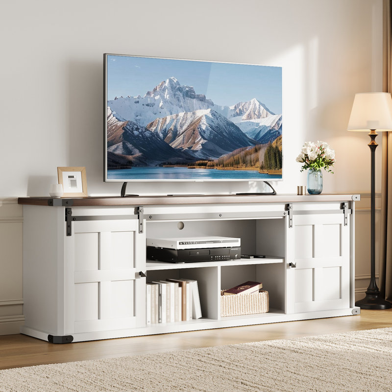 70 in Farmhouse TV Stand for 75 in TVs, Modern Entertainment Center with Sliding Barn Doors, Modern Media TV Console Table, Wood Long TV Stand for Living Room