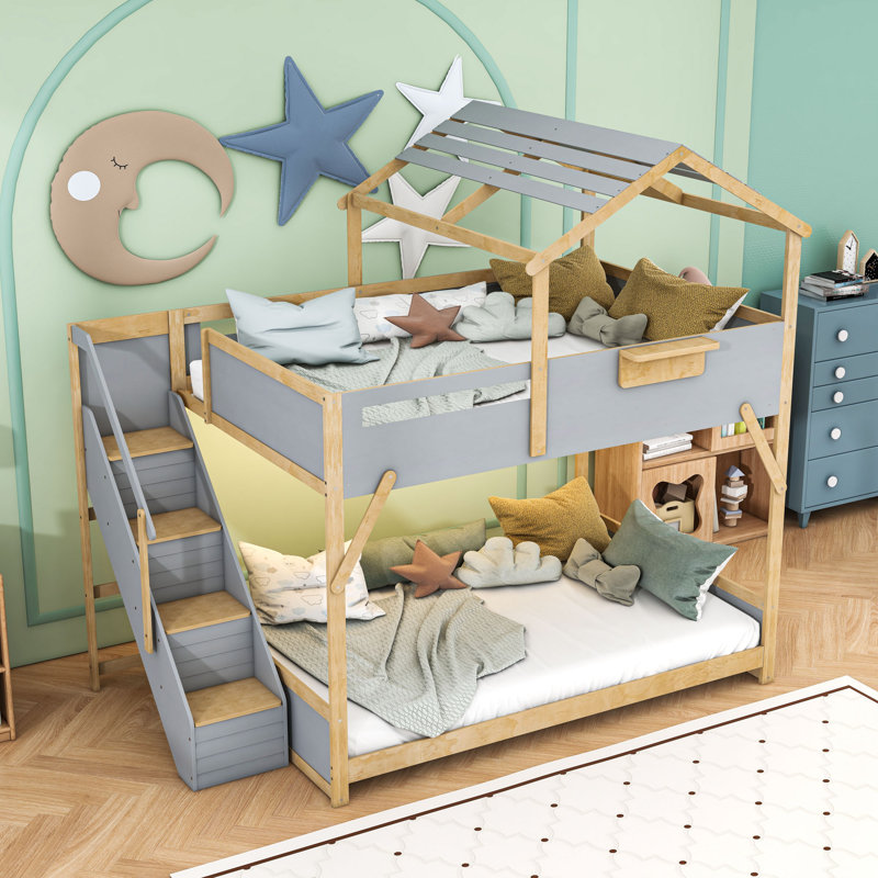 Lit superposé House avec escaliers latéraux, tablettes et éclairage à DEL, Double sur double, Gris