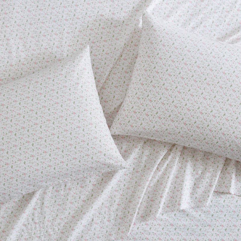 Percale Novelty 200 Thread Count Printed Cotton Sheet Set, Twin Sheet Set with 2 Standard Pillowcases, White Floral