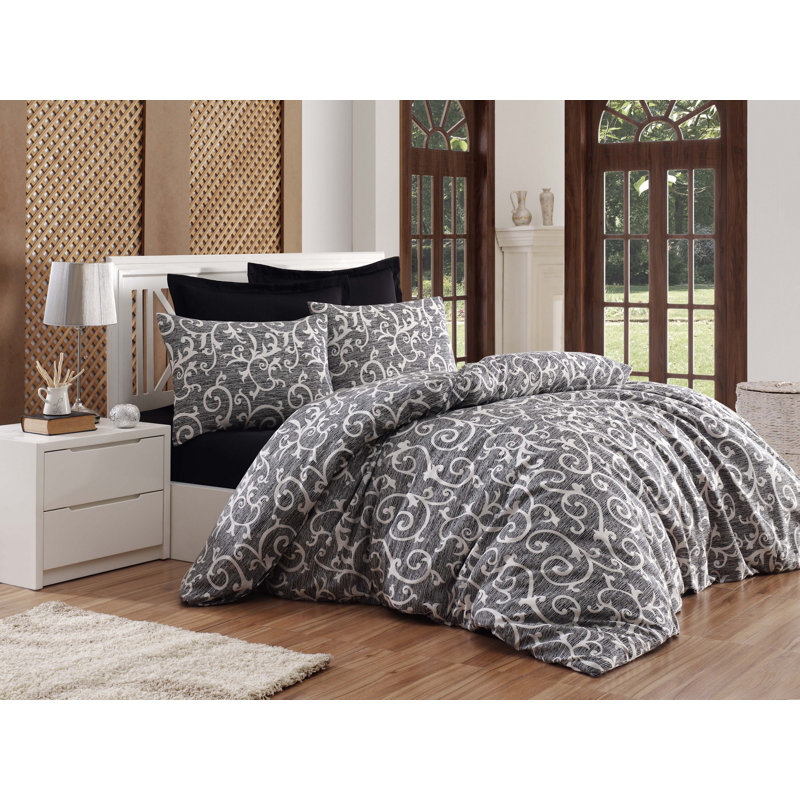 Ensemble de housse de couette 4 pièces en mélange de coton gris / blanc Nenuphar