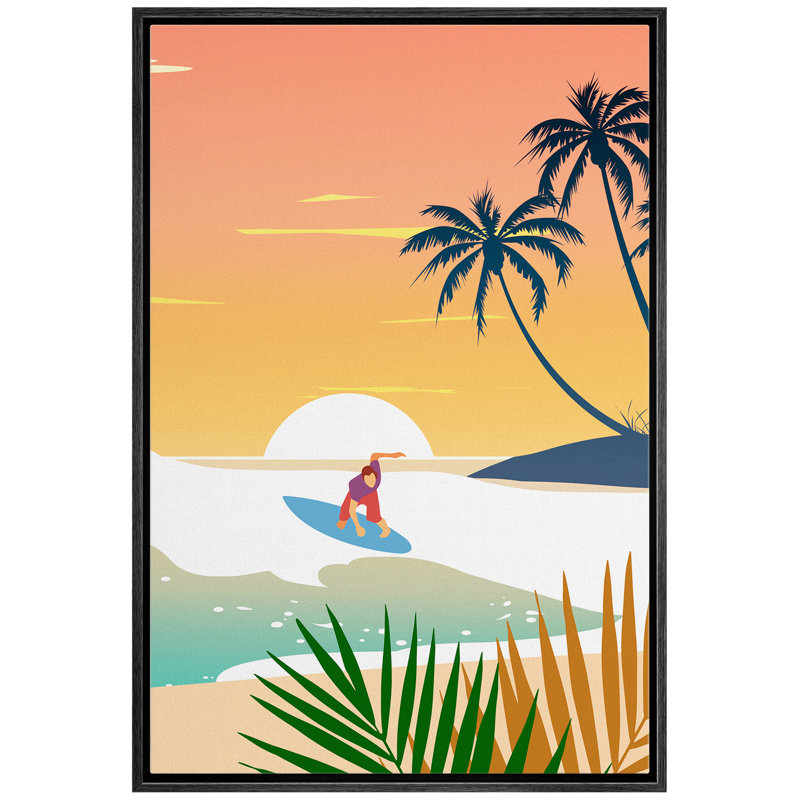 «Coastal Beach Surfing On The Waves At Sunset», reproduction sur toile flottante, Cadre noir, H 24 po x l 16 po x P 1,5 po