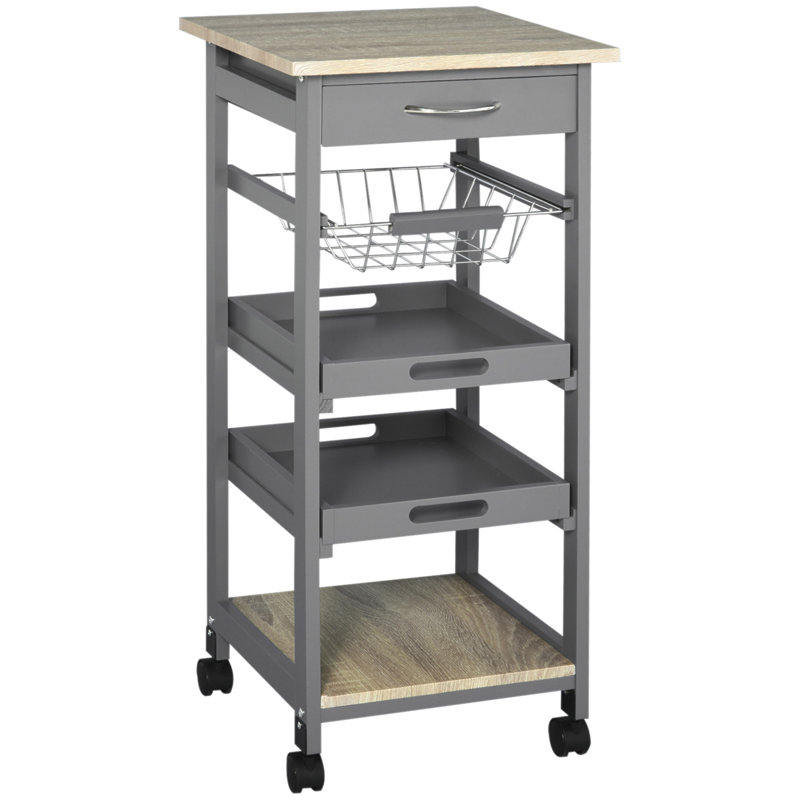 Mobile Rolling Kitchen Island Trolley Serving Cart With Underneath Drawer & Slide-Out Wire Storage Basket