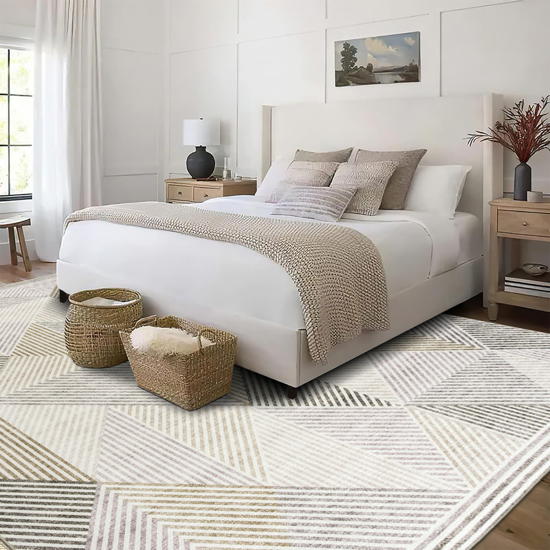 Tapis beige à motif géométrique moderne lavable à la machine Jahree Miles, Beige, Rectangle 7 pi 6 po x 9 pi 6 po