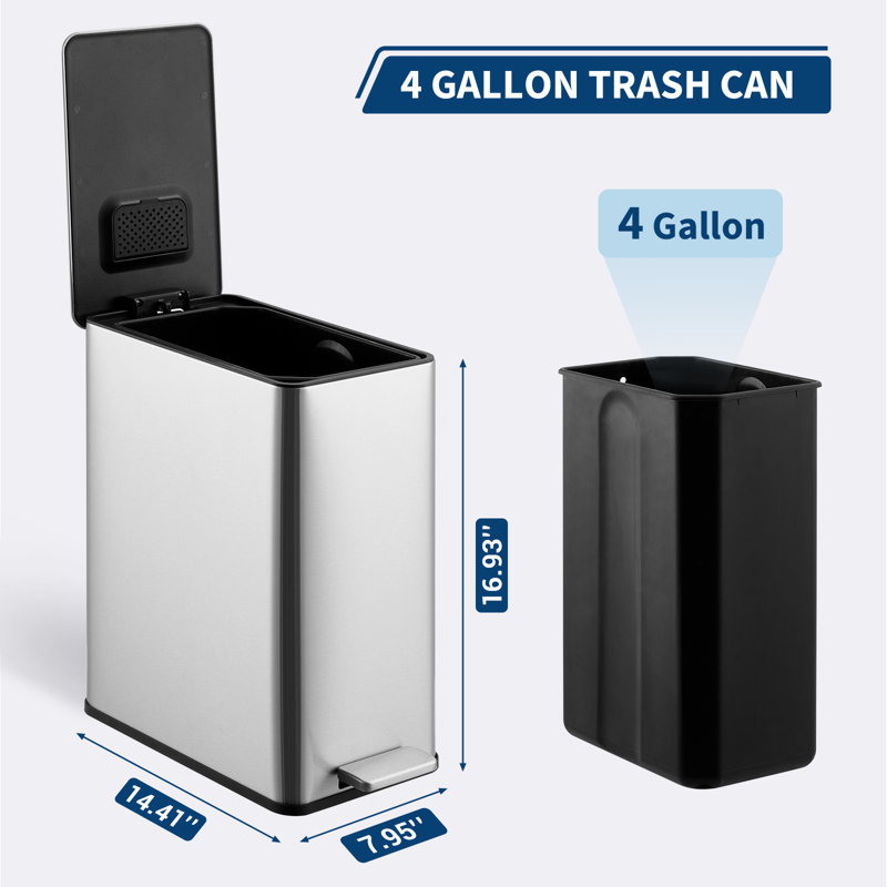 15 L Kitchen Step Trash Can, 4 Gallon Narrow Stainless Steel Waste Bin with Soft-Close Lid, Rectangle Rubbish Bin with Removable Inner Bucket