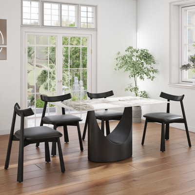 5-Piece Modern Rectangular Sintered Stone Dining Table Set With 4 Faux Leather Chairs
