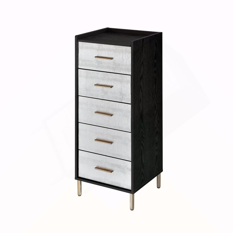 Armoire à bijoux noire et argentée à 4 tiroirs avec plateau relevable