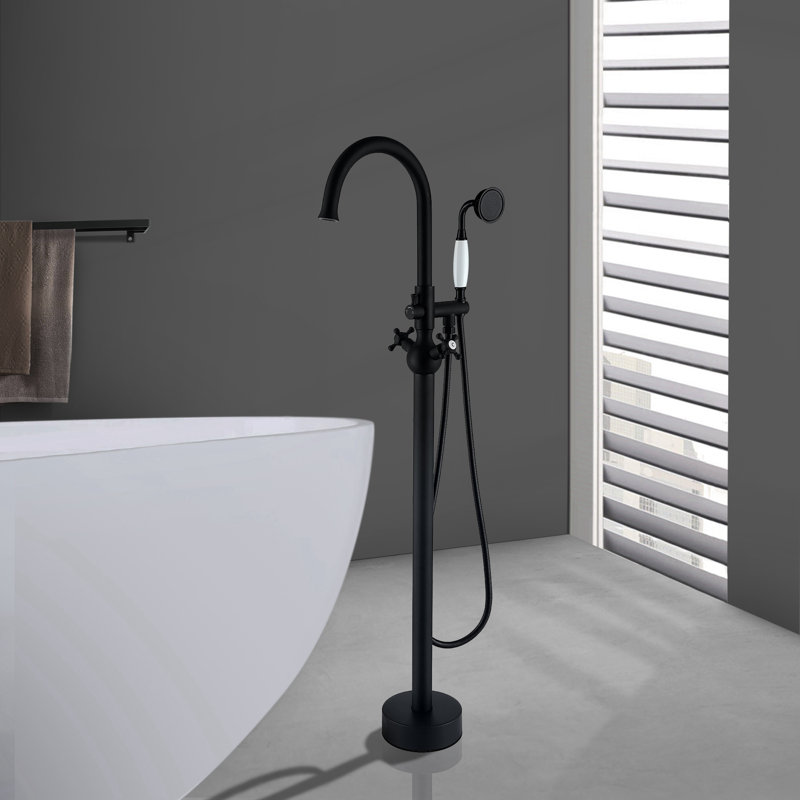 45 1/4 po Robinet de baignoire autoportant à 2 poignées avec pomme de douche à main, Noir mat