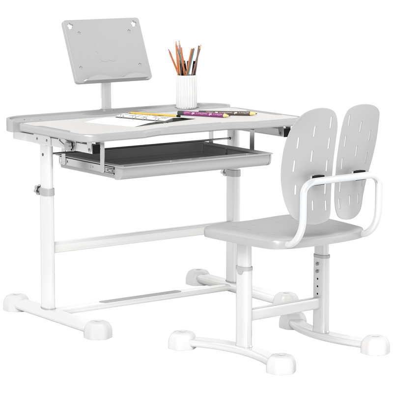Qaba Kids Desk And Chair Set, Height Adjustable Kids Study Table And Chair Set With Tilt Desktop, Large Writing Board, Storage Drawer, Book Stand For 3-12 Years