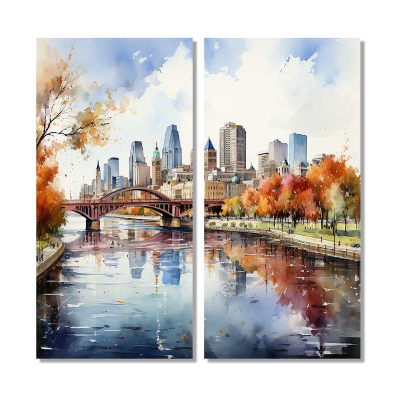 Minneapolis City In Autumn I - art mural 2 panneaux Minneapolis, H 40 po x l 40 po, Toile tendue, Ne s’applique pas