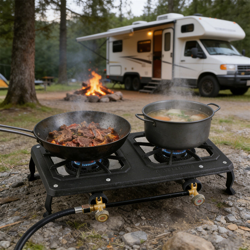 Réchaud de camping en fonte à double brûleur avec régulateurs et tuyaux
