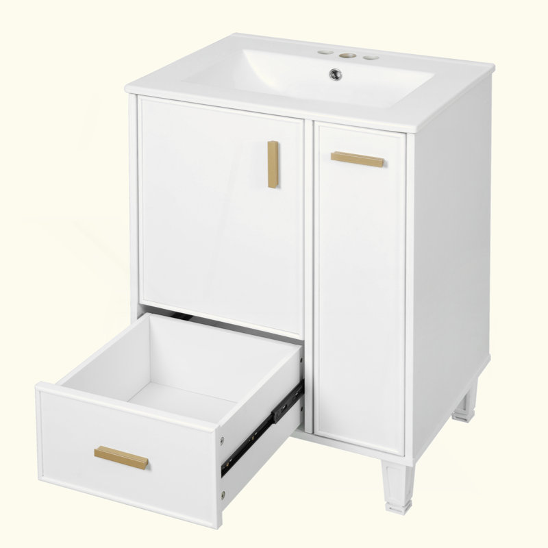 24" Bathroom Vanity With Sink, Bathroom Cabinet With Door Shelf, Deep Drawer, 2-Tier Pull-Out Basket, Solid Wood Frame And MDF Board, One Package