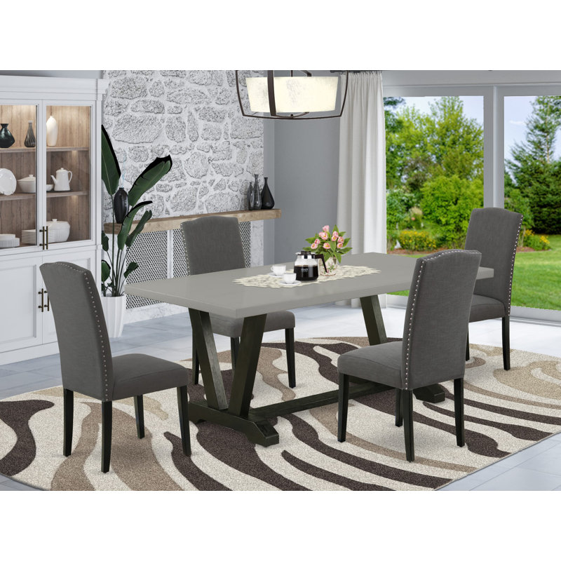 Ensemble de 5 pièces comprenant 4 chaises de salle à manger Gotham gris foncé avec siège à clous rembourrés et dossier élégant avec plateau de table de couleur ciment - Finition noire brossée
